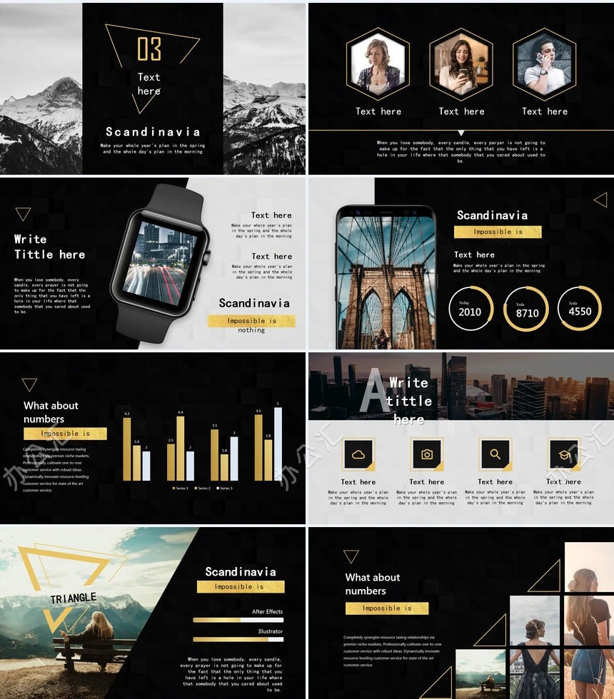 三角形酷黑风景相册图片通用PPT模板