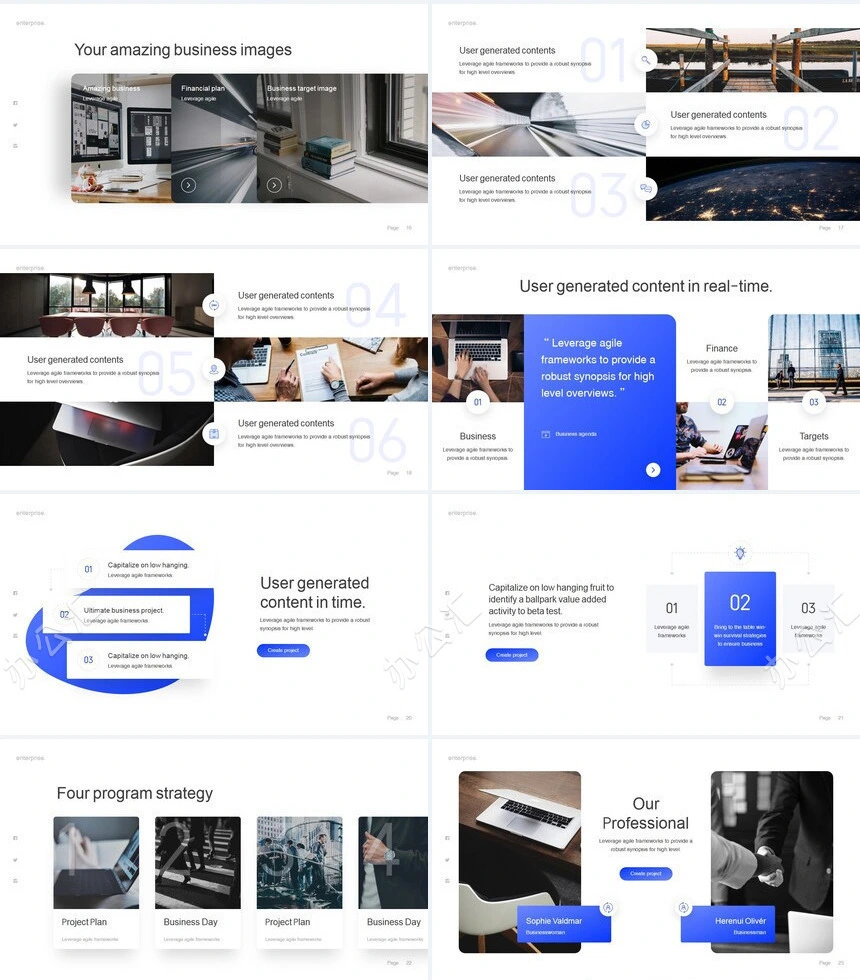 亮蓝时尚杂志风商业计划书公司宣传通用PPT模板