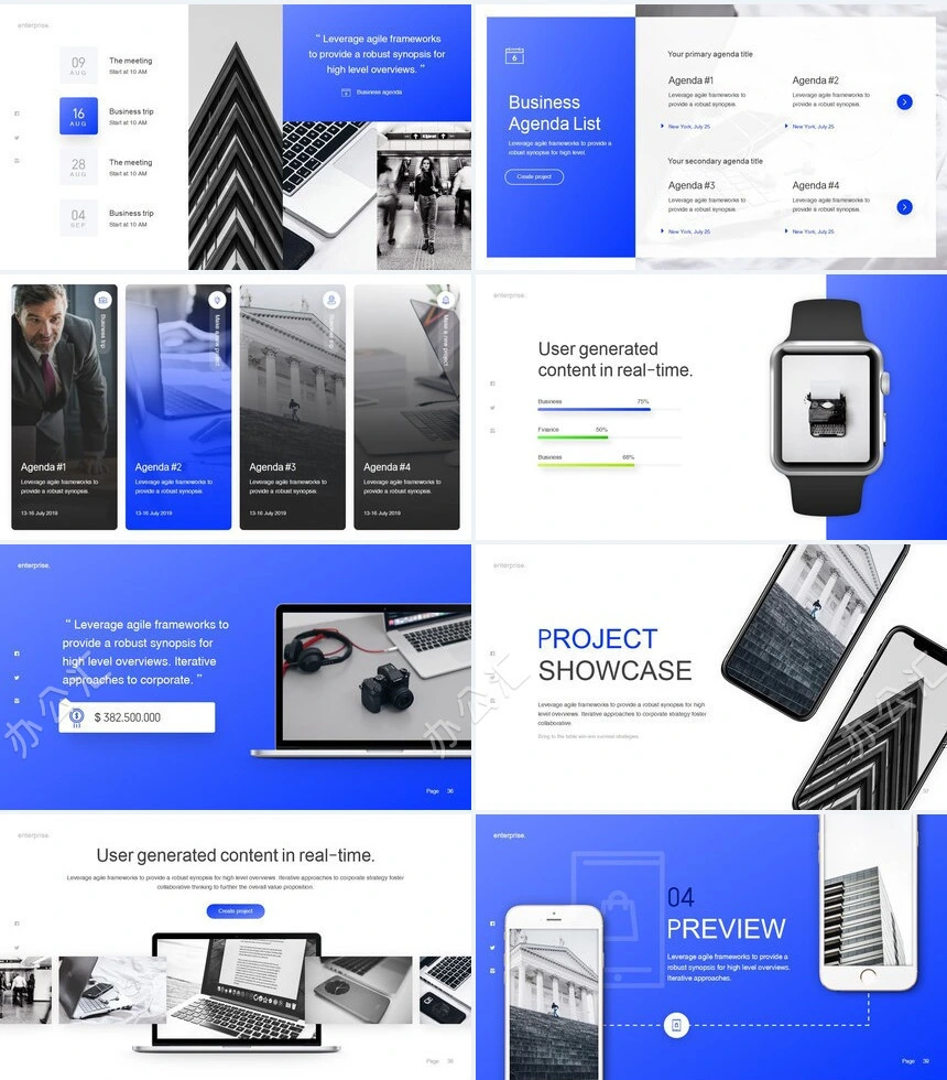 亮蓝时尚杂志风商业计划书公司宣传通用PPT模板