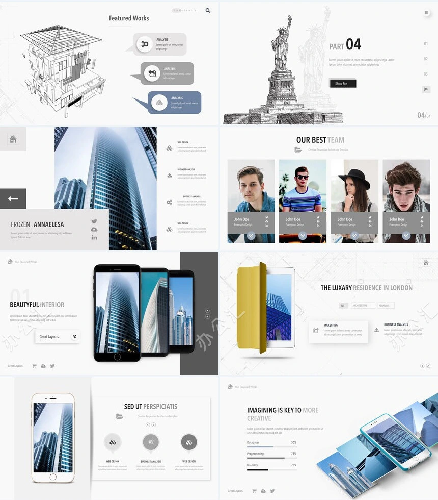 手绘线条建筑灰色时尚商务风产品介绍商业计划书PPT模板