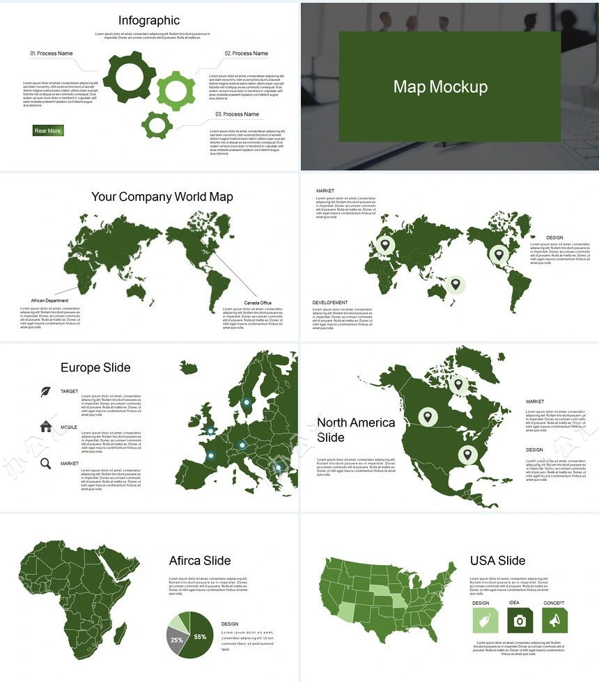 绿色地图表格数据欧美风公司简介商业计划书PPT模板