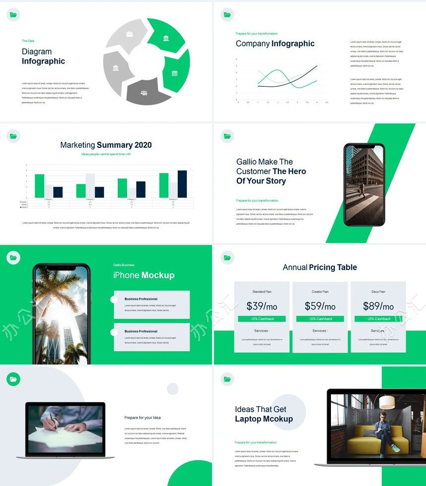 绿蓝色系欧美杂志风商业报价产品介绍商务报告通用PPT模板