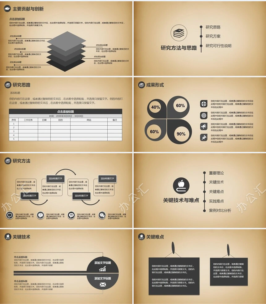 稳重复古论文答辩PPT模板45个答辩必备学术ICON