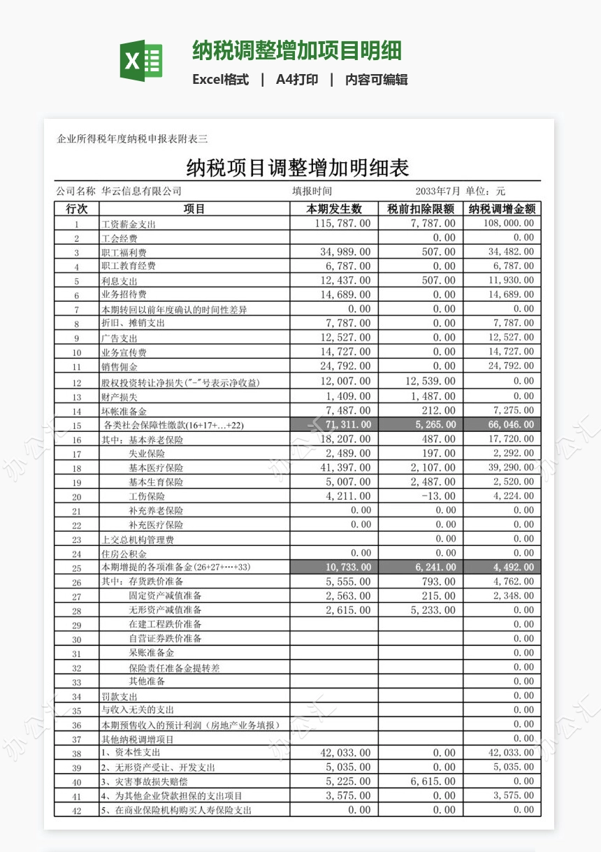纳税调整增加项目明细