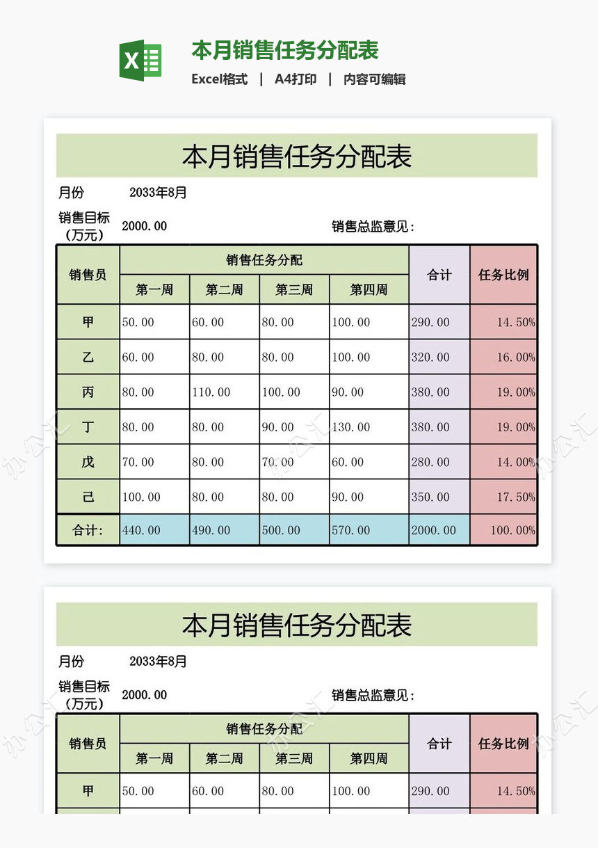 本月销售任务分配表免费下载_办公汇
