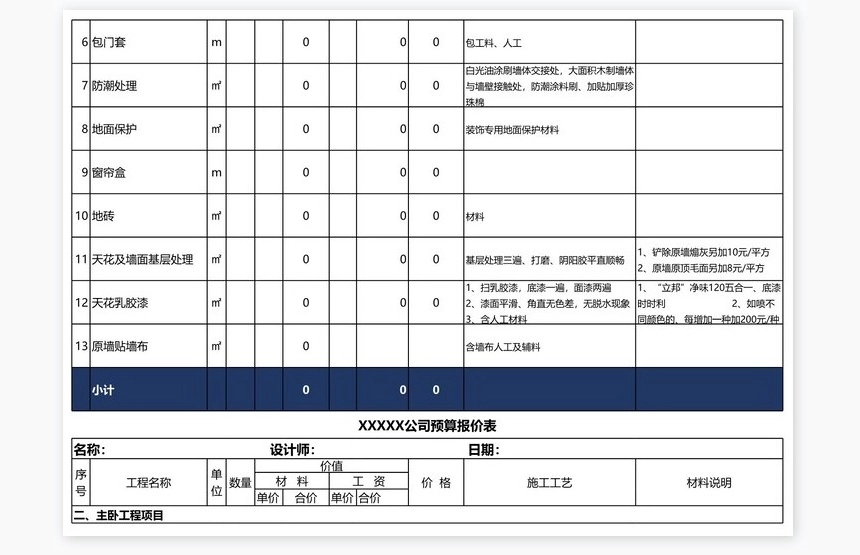 公司装修预算报价表