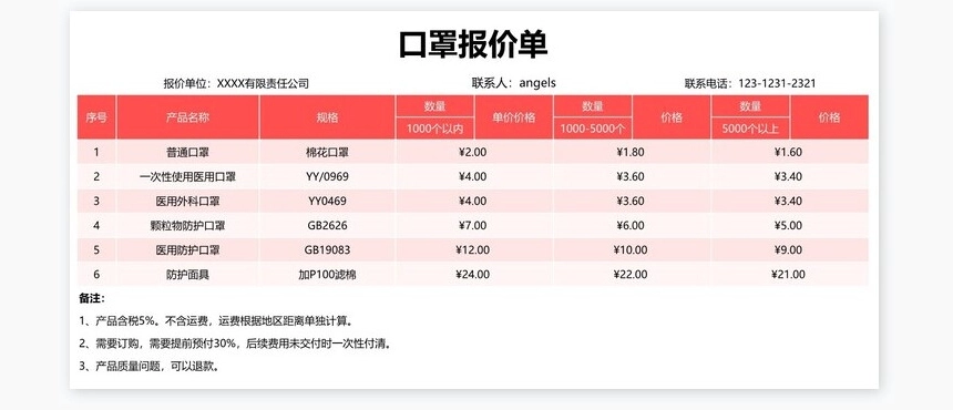 口罩报价单