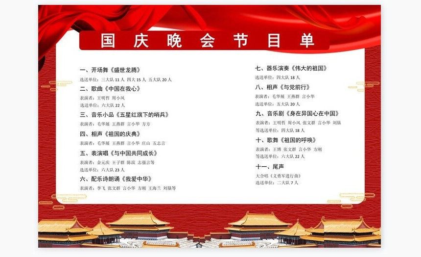 红色故宫国庆晚会节目单Word模板
