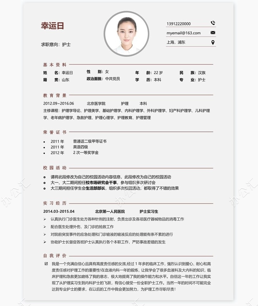 护士类个人简历word模板共4页(17)